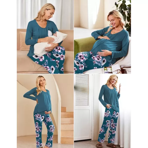 imageEkouaer Maternity Nursing Pajama Set Long Sleeve Top ampamp Pants with Pockets Breastfeeding Sleepwear Double Layer PregnancyTealPink Floral