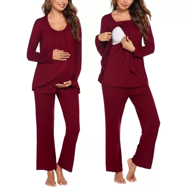 imageEkouaer Maternity Nursing Pajama Set Long Sleeve Top ampamp Pants with Pockets Breastfeeding Sleepwear Double Layer PregnancyWine Red