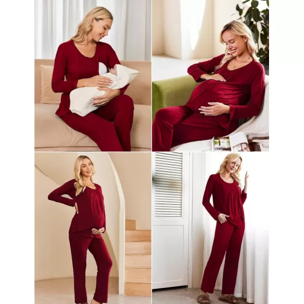 imageEkouaer Maternity Nursing Pajama Set Long Sleeve Top ampamp Pants with Pockets Breastfeeding Sleepwear Double Layer PregnancyWine Red