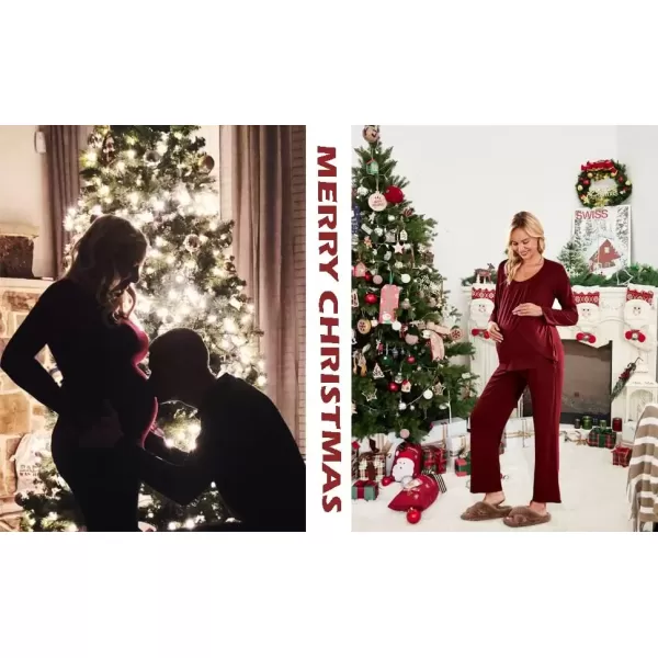 imageEkouaer Maternity Nursing Pajama Set Long Sleeve Top ampamp Pants with Pockets Breastfeeding Sleepwear Double Layer PregnancyWine Red