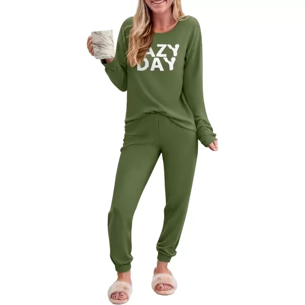 imageEkouaer Pajama Sets for Women 2 Piece Plaid Pjs Long Sleeve Lounge Sets Comfy Gingham Nightwear with PocketsArmy Green