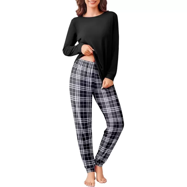 imageEkouaer Pajama Sets for Women 2 Piece Plaid Pjs Long Sleeve Lounge Sets Comfy Gingham Nightwear with PocketsBlack and White Plaid