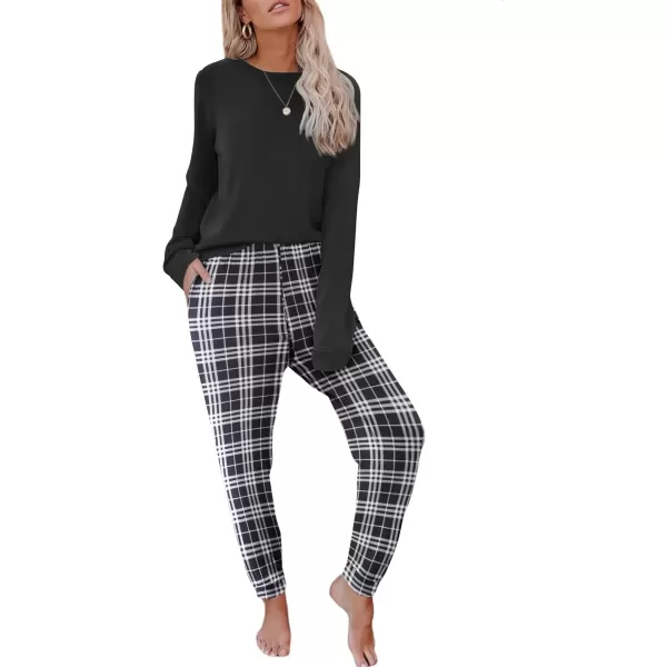 imageEkouaer Pajama Sets for Women 2 Piece Plaid Pjs Long Sleeve Lounge Sets Comfy Gingham Nightwear with PocketsBlack and White Plaid