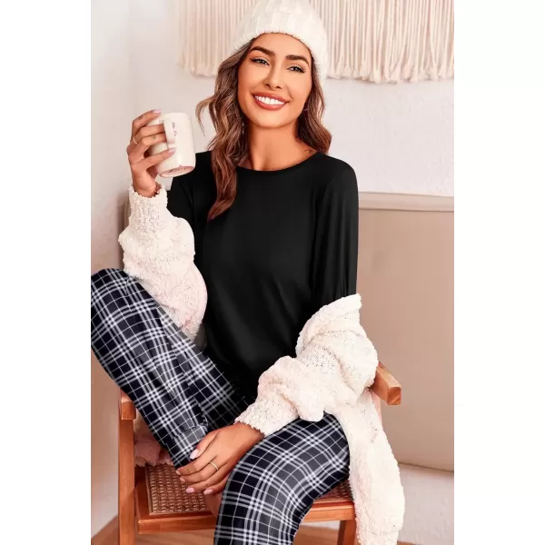 imageEkouaer Pajama Sets for Women 2 Piece Plaid Pjs Long Sleeve Lounge Sets Comfy Gingham Nightwear with PocketsBlack and White Plaid