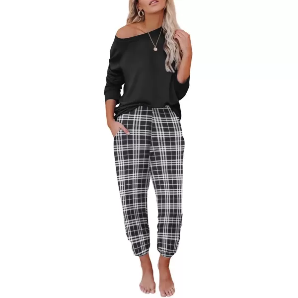 imageEkouaer Pajama Sets for Women 2 Piece Plaid Pjs Long Sleeve Lounge Sets Comfy Gingham Nightwear with PocketsBlack and White Plaid