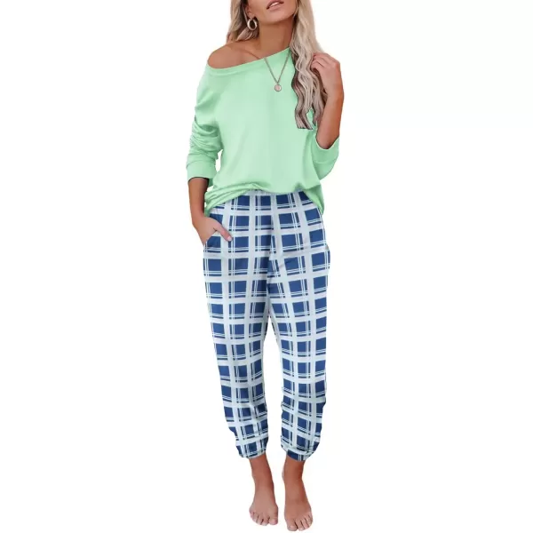 imageEkouaer Pajama Sets for Women 2 Piece Plaid Pjs Long Sleeve Lounge Sets Comfy Gingham Nightwear with PocketsBlue Plaid