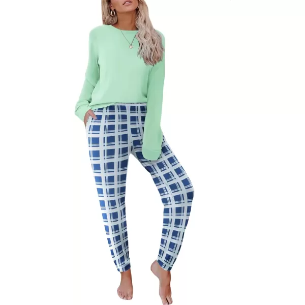 imageEkouaer Pajama Sets for Women 2 Piece Plaid Pjs Long Sleeve Lounge Sets Comfy Gingham Nightwear with PocketsBlue Plaid