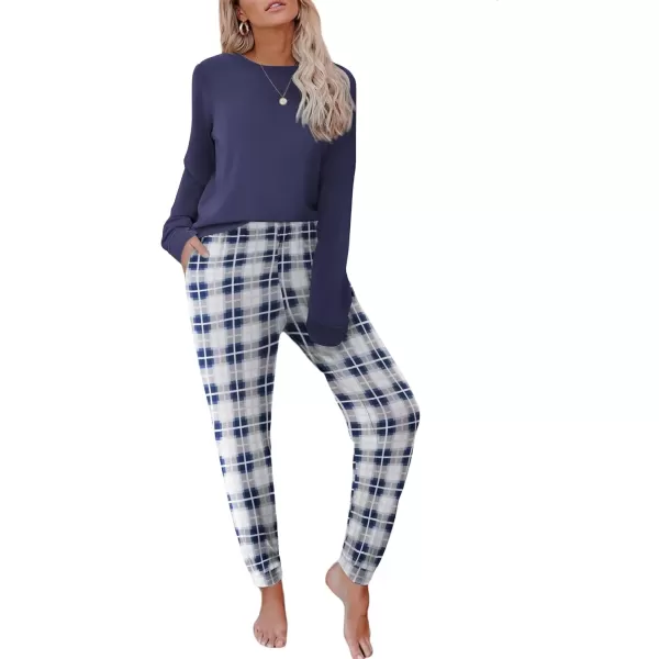 imageEkouaer Pajama Sets for Women 2 Piece Plaid Pjs Long Sleeve Lounge Sets Comfy Gingham Nightwear with PocketsDark Blue Plaid