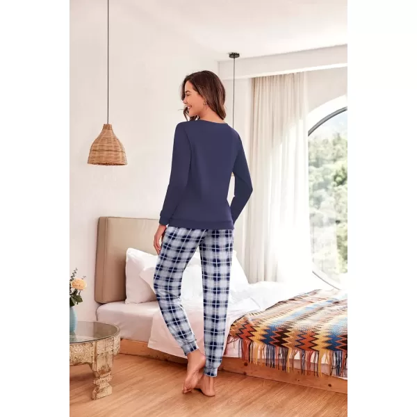 imageEkouaer Pajama Sets for Women 2 Piece Plaid Pjs Long Sleeve Lounge Sets Comfy Gingham Nightwear with PocketsDark Blue Plaid