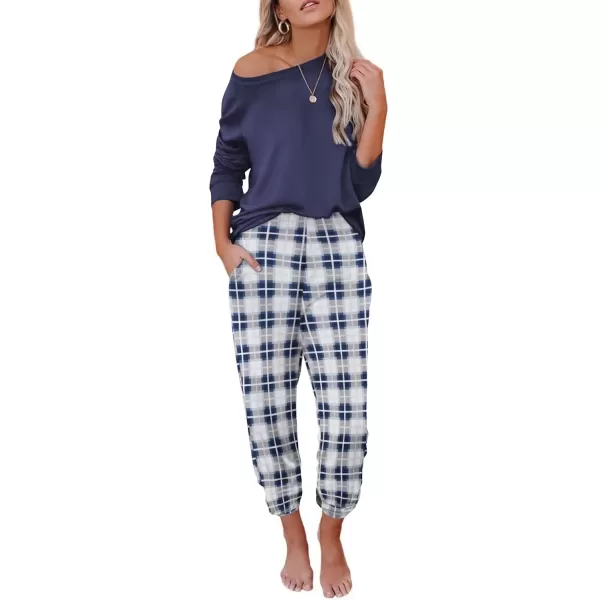 imageEkouaer Pajama Sets for Women 2 Piece Plaid Pjs Long Sleeve Lounge Sets Comfy Gingham Nightwear with PocketsDark Blue Plaid