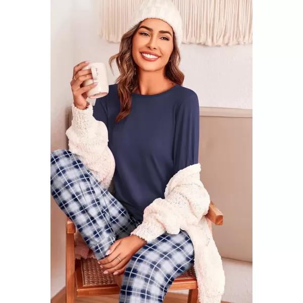 imageEkouaer Pajama Sets for Women 2 Piece Plaid Pjs Long Sleeve Lounge Sets Comfy Gingham Nightwear with PocketsDark Blue Plaid