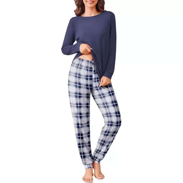 imageEkouaer Pajama Sets for Women 2 Piece Plaid Pjs Long Sleeve Lounge Sets Comfy Gingham Nightwear with PocketsDark Blue Plaid