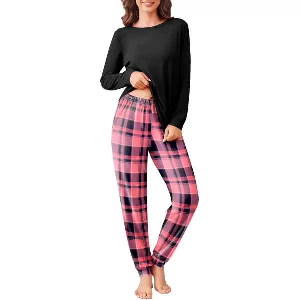 imageEkouaer Pajama Sets for Women 2 Piece Plaid Pjs Long Sleeve Lounge Sets Comfy Gingham Nightwear with PocketsDark Pink Plaid