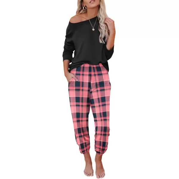 imageEkouaer Pajama Sets for Women 2 Piece Plaid Pjs Long Sleeve Lounge Sets Comfy Gingham Nightwear with PocketsDark Pink Plaid