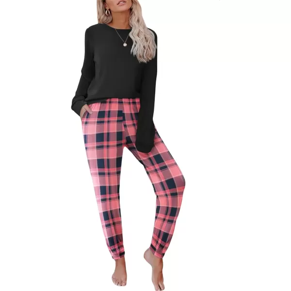 imageEkouaer Pajama Sets for Women 2 Piece Plaid Pjs Long Sleeve Lounge Sets Comfy Gingham Nightwear with PocketsDark Pink Plaid