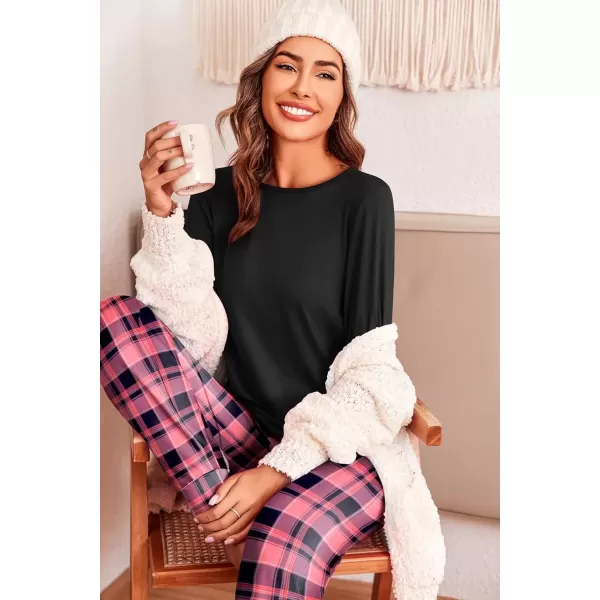 imageEkouaer Pajama Sets for Women 2 Piece Plaid Pjs Long Sleeve Lounge Sets Comfy Gingham Nightwear with PocketsDark Pink Plaid