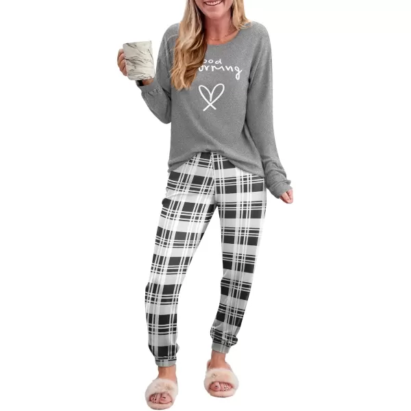 imageEkouaer Pajama Sets for Women 2 Piece Plaid Pjs Long Sleeve Lounge Sets Comfy Gingham Nightwear with PocketsGray Plaid