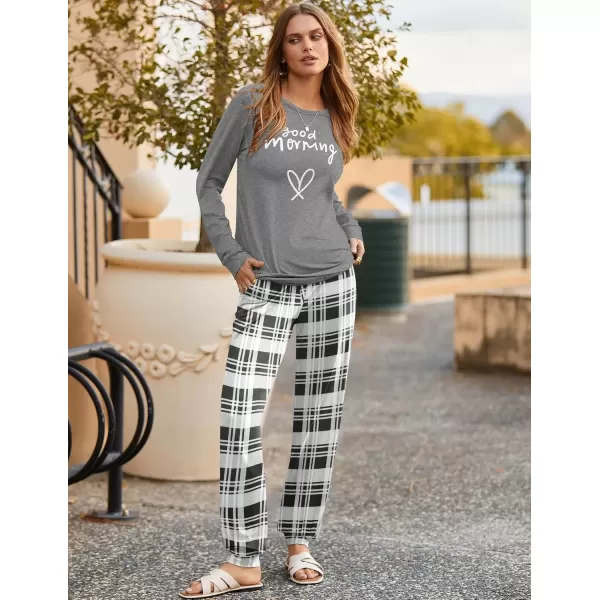 imageEkouaer Pajama Sets for Women 2 Piece Plaid Pjs Long Sleeve Lounge Sets Comfy Gingham Nightwear with PocketsGray Plaid