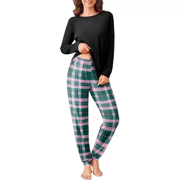 imageEkouaer Pajama Sets for Women 2 Piece Plaid Pjs Long Sleeve Lounge Sets Comfy Gingham Nightwear with PocketsGreen Plaid