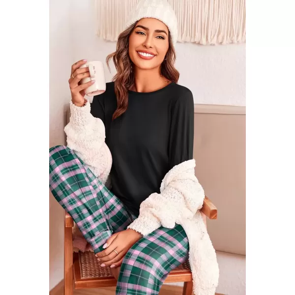 imageEkouaer Pajama Sets for Women 2 Piece Plaid Pjs Long Sleeve Lounge Sets Comfy Gingham Nightwear with PocketsGreen Plaid