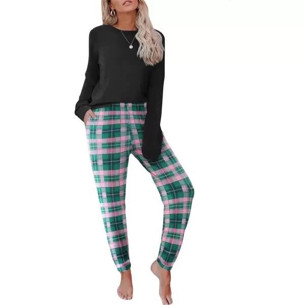 imageEkouaer Pajama Sets for Women 2 Piece Plaid Pjs Long Sleeve Lounge Sets Comfy Gingham Nightwear with PocketsGreen Plaid