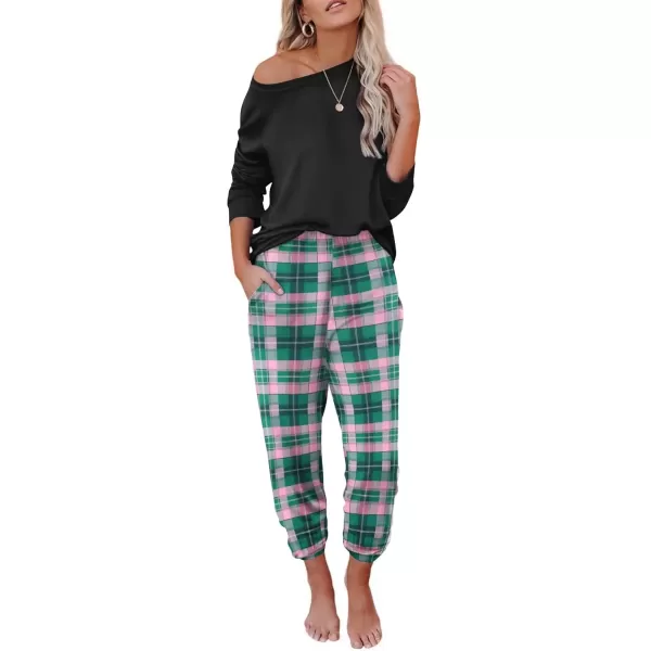 imageEkouaer Pajama Sets for Women 2 Piece Plaid Pjs Long Sleeve Lounge Sets Comfy Gingham Nightwear with PocketsGreen Plaid