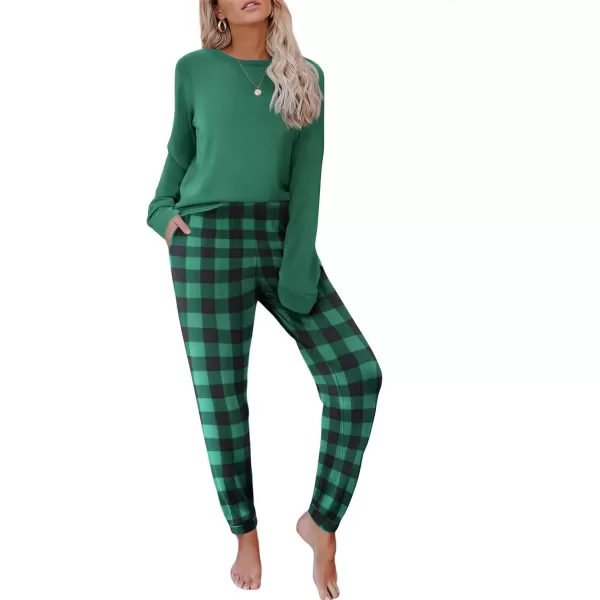 imageEkouaer Pajama Sets for Women 2 Piece Plaid Pjs Long Sleeve Lounge Sets Comfy Gingham Nightwear with PocketsGreen and Black Plaid