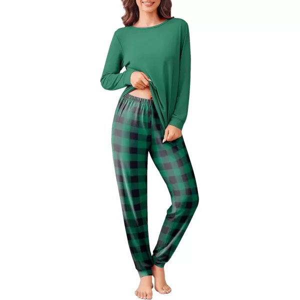 imageEkouaer Pajama Sets for Women 2 Piece Plaid Pjs Long Sleeve Lounge Sets Comfy Gingham Nightwear with PocketsGreen and Black Plaid