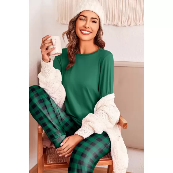 imageEkouaer Pajama Sets for Women 2 Piece Plaid Pjs Long Sleeve Lounge Sets Comfy Gingham Nightwear with PocketsGreen and Black Plaid