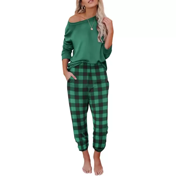 imageEkouaer Pajama Sets for Women 2 Piece Plaid Pjs Long Sleeve Lounge Sets Comfy Gingham Nightwear with PocketsGreen and Black Plaid