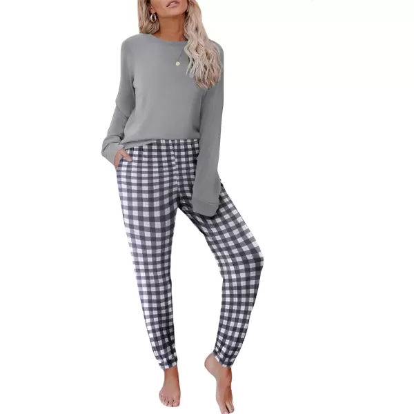 imageEkouaer Pajama Sets for Women 2 Piece Plaid Pjs Long Sleeve Lounge Sets Comfy Gingham Nightwear with PocketsGrey and White Plaid