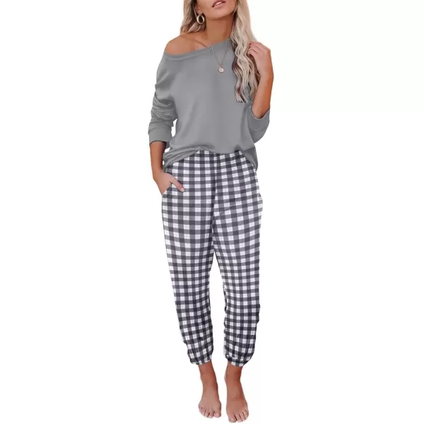 imageEkouaer Pajama Sets for Women 2 Piece Plaid Pjs Long Sleeve Lounge Sets Comfy Gingham Nightwear with PocketsGrey and White Plaid