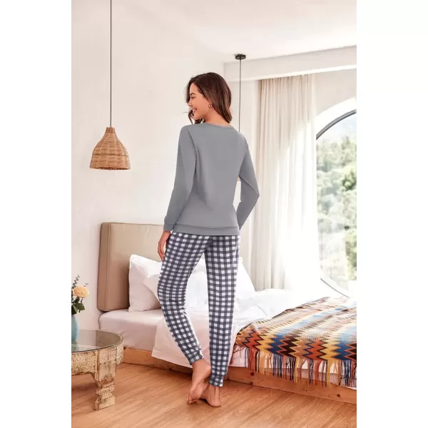 imageEkouaer Pajama Sets for Women 2 Piece Plaid Pjs Long Sleeve Lounge Sets Comfy Gingham Nightwear with PocketsGrey and White Plaid