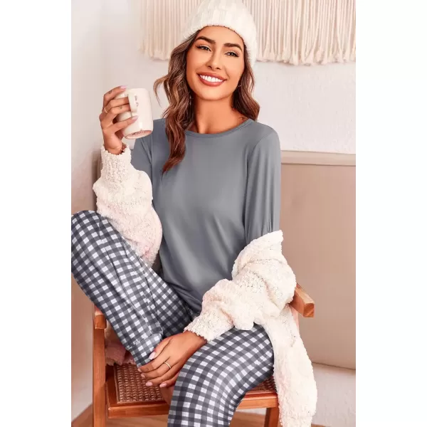 imageEkouaer Pajama Sets for Women 2 Piece Plaid Pjs Long Sleeve Lounge Sets Comfy Gingham Nightwear with PocketsGrey and White Plaid