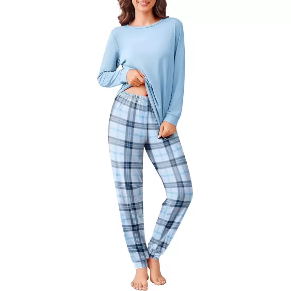 imageEkouaer Pajama Sets for Women 2 Piece Plaid Pjs Long Sleeve Lounge Sets Comfy Gingham Nightwear with PocketsLight Blue Plaid