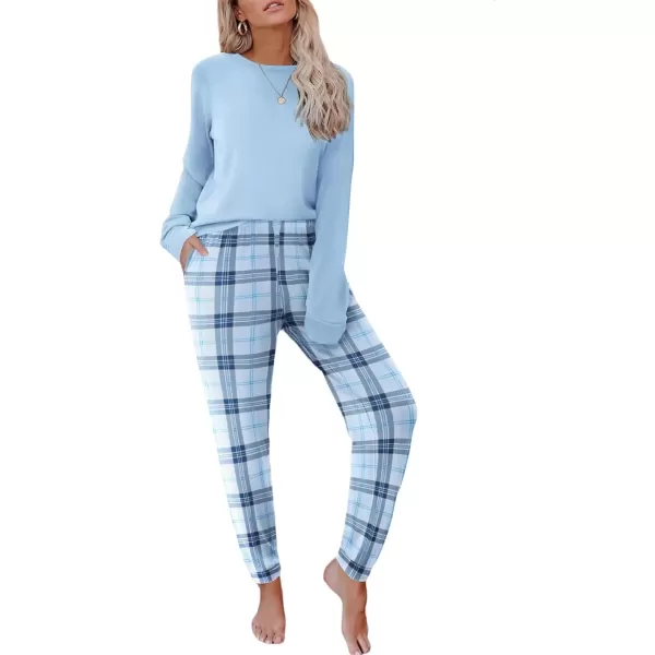 imageEkouaer Pajama Sets for Women 2 Piece Plaid Pjs Long Sleeve Lounge Sets Comfy Gingham Nightwear with PocketsLight Blue Plaid