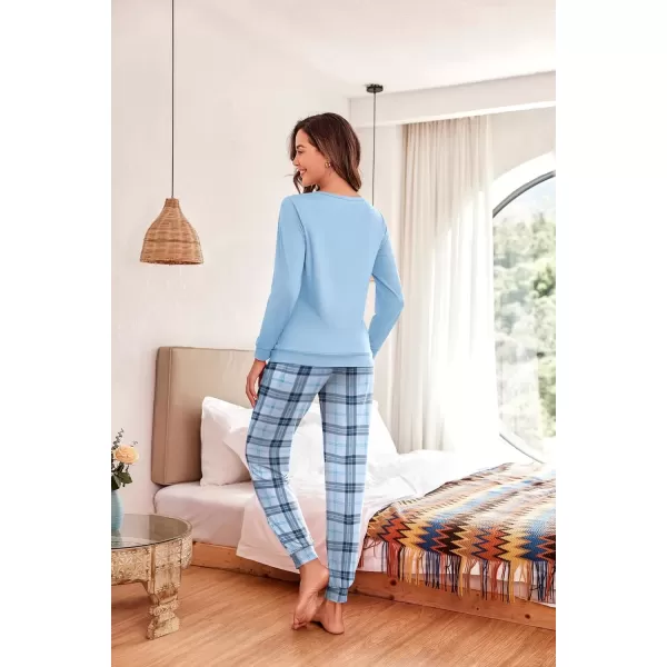 imageEkouaer Pajama Sets for Women 2 Piece Plaid Pjs Long Sleeve Lounge Sets Comfy Gingham Nightwear with PocketsLight Blue Plaid