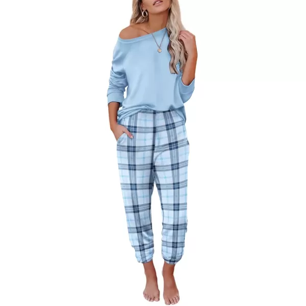 imageEkouaer Pajama Sets for Women 2 Piece Plaid Pjs Long Sleeve Lounge Sets Comfy Gingham Nightwear with PocketsLight Blue Plaid