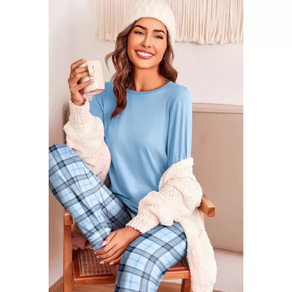 imageEkouaer Pajama Sets for Women 2 Piece Plaid Pjs Long Sleeve Lounge Sets Comfy Gingham Nightwear with PocketsLight Blue Plaid