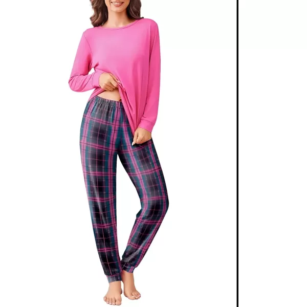 imageEkouaer Pajama Sets for Women 2 Piece Plaid Pjs Long Sleeve Lounge Sets Comfy Gingham Nightwear with PocketsPink Plaid