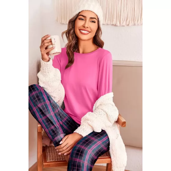 imageEkouaer Pajama Sets for Women 2 Piece Plaid Pjs Long Sleeve Lounge Sets Comfy Gingham Nightwear with PocketsPink Plaid