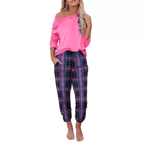 imageEkouaer Pajama Sets for Women 2 Piece Plaid Pjs Long Sleeve Lounge Sets Comfy Gingham Nightwear with PocketsPink Plaid