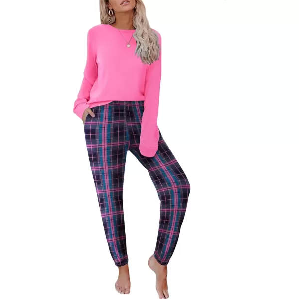 imageEkouaer Pajama Sets for Women 2 Piece Plaid Pjs Long Sleeve Lounge Sets Comfy Gingham Nightwear with PocketsPink Plaid