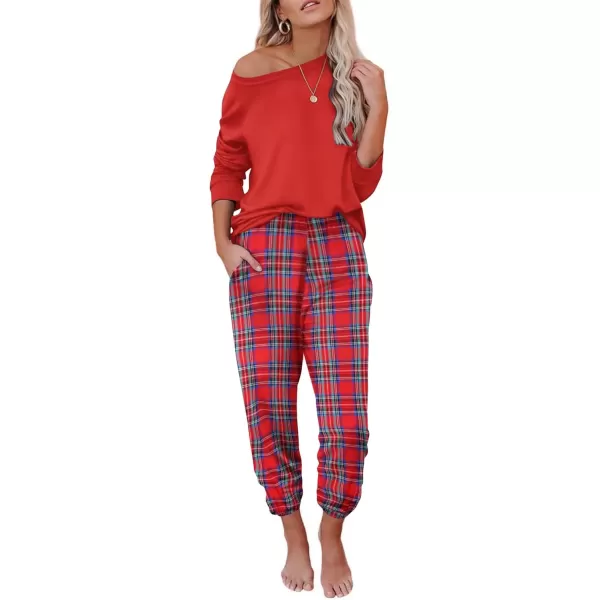 imageEkouaer Pajama Sets for Women 2 Piece Plaid Pjs Long Sleeve Lounge Sets Comfy Gingham Nightwear with PocketsRed Plaid