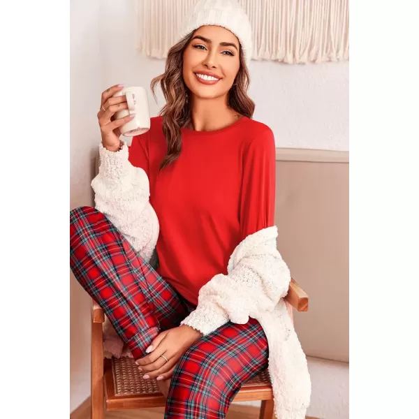 imageEkouaer Pajama Sets for Women 2 Piece Plaid Pjs Long Sleeve Lounge Sets Comfy Gingham Nightwear with PocketsRed Plaid