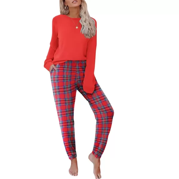 imageEkouaer Pajama Sets for Women 2 Piece Plaid Pjs Long Sleeve Lounge Sets Comfy Gingham Nightwear with PocketsRed Plaid