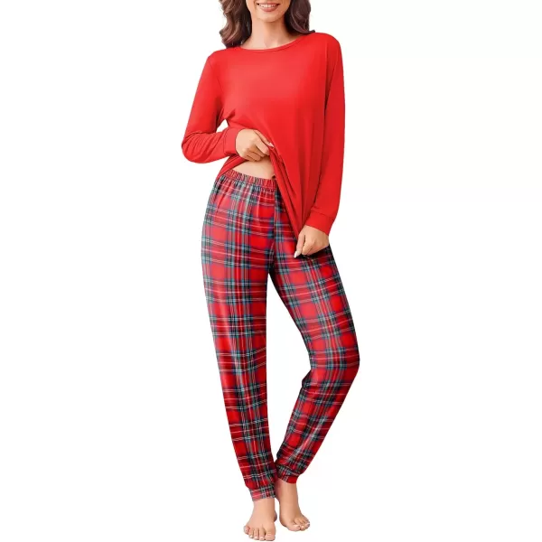 imageEkouaer Pajama Sets for Women 2 Piece Plaid Pjs Long Sleeve Lounge Sets Comfy Gingham Nightwear with PocketsRed Plaid