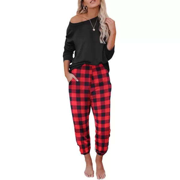 imageEkouaer Pajama Sets for Women 2 Piece Plaid Pjs Long Sleeve Lounge Sets Comfy Gingham Nightwear with PocketsRed and Black Plaid