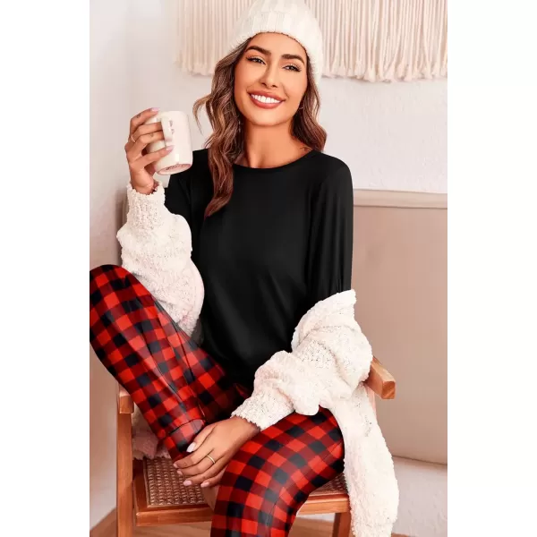 imageEkouaer Pajama Sets for Women 2 Piece Plaid Pjs Long Sleeve Lounge Sets Comfy Gingham Nightwear with PocketsRed and Black Plaid