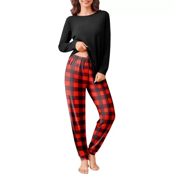 imageEkouaer Pajama Sets for Women 2 Piece Plaid Pjs Long Sleeve Lounge Sets Comfy Gingham Nightwear with PocketsRed and Black Plaid